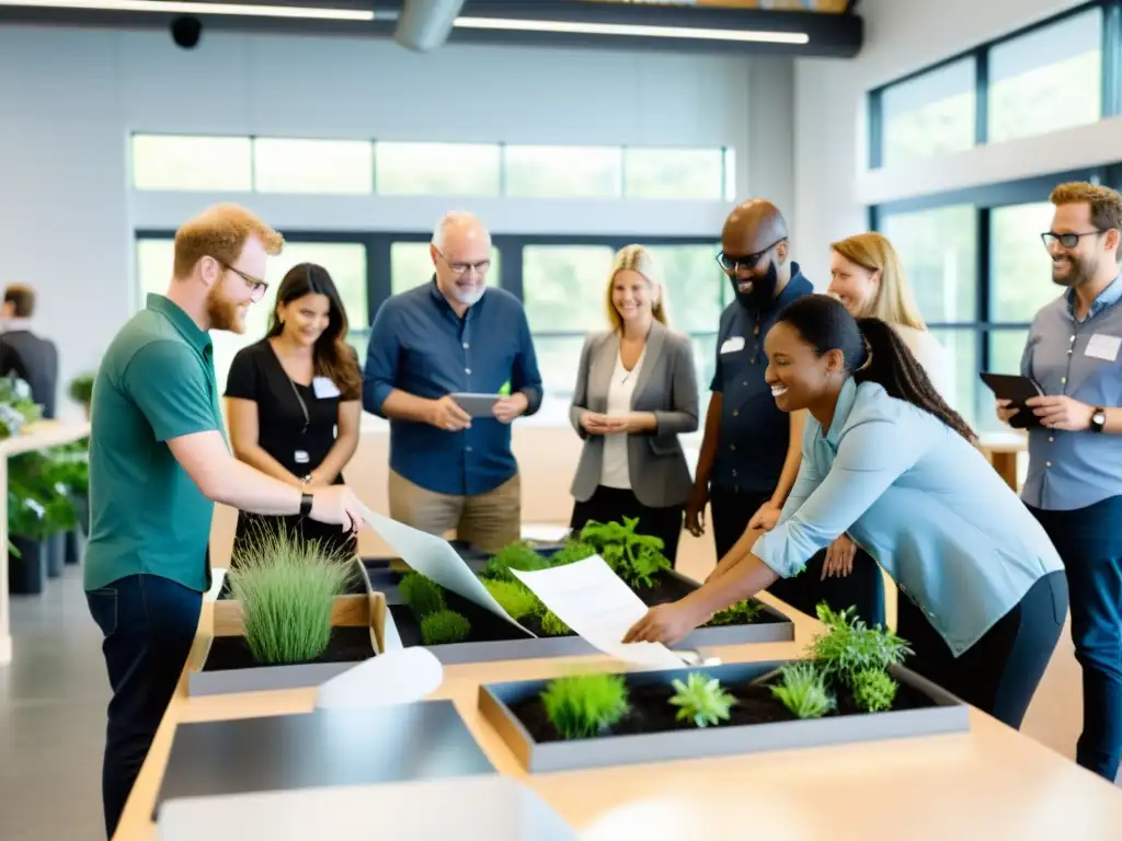 Un taller moderno de tecnología sostenible donde profesionales diversificados colaboran en proyectos innovadores