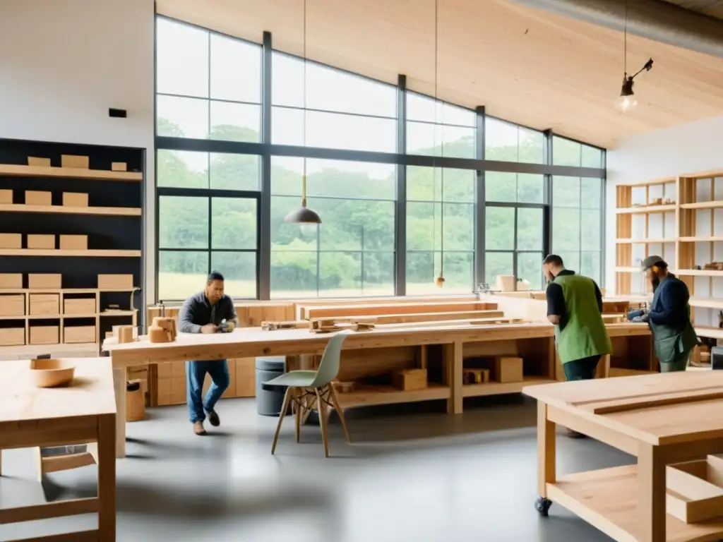 Un taller de muebles sustentables, donde artesanos crean piezas modernas con madera reciclada y materiales ecofriendly, conectando con el planeta