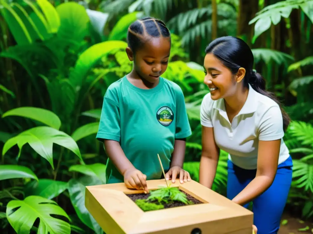 Talleres interactivos educación ambiental en un exuberante bosque tropical, niños y adultos participan en actividades de conservación