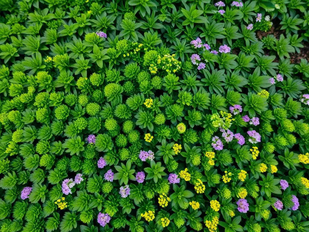 Un tapiz de plantas de cobertura vegetal exuberante y vibrante, con flores delicadas