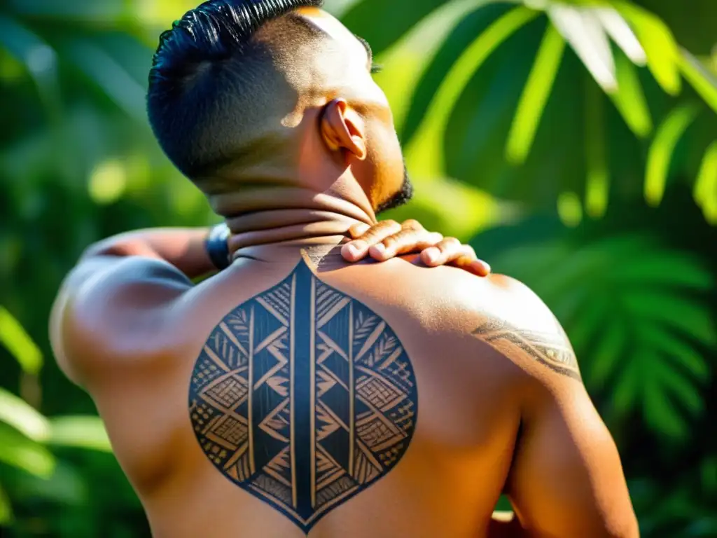 Un tatuador tradicional samoano crea diseños intrincados en la espalda de un hombre usando la técnica de golpeteo manual