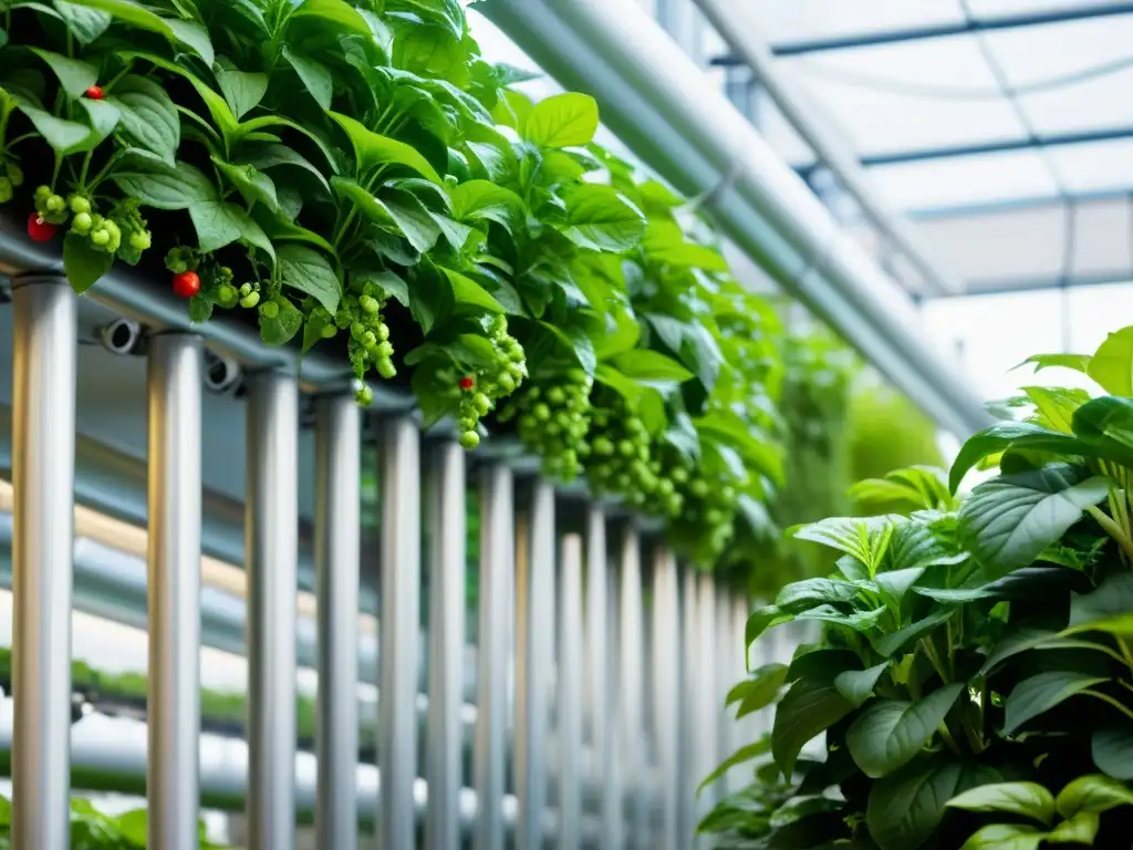 Técnica de cultivo sostenible en jardín hidropónico vertical urbano, con plantas exuberantes y moderno sistema de riego