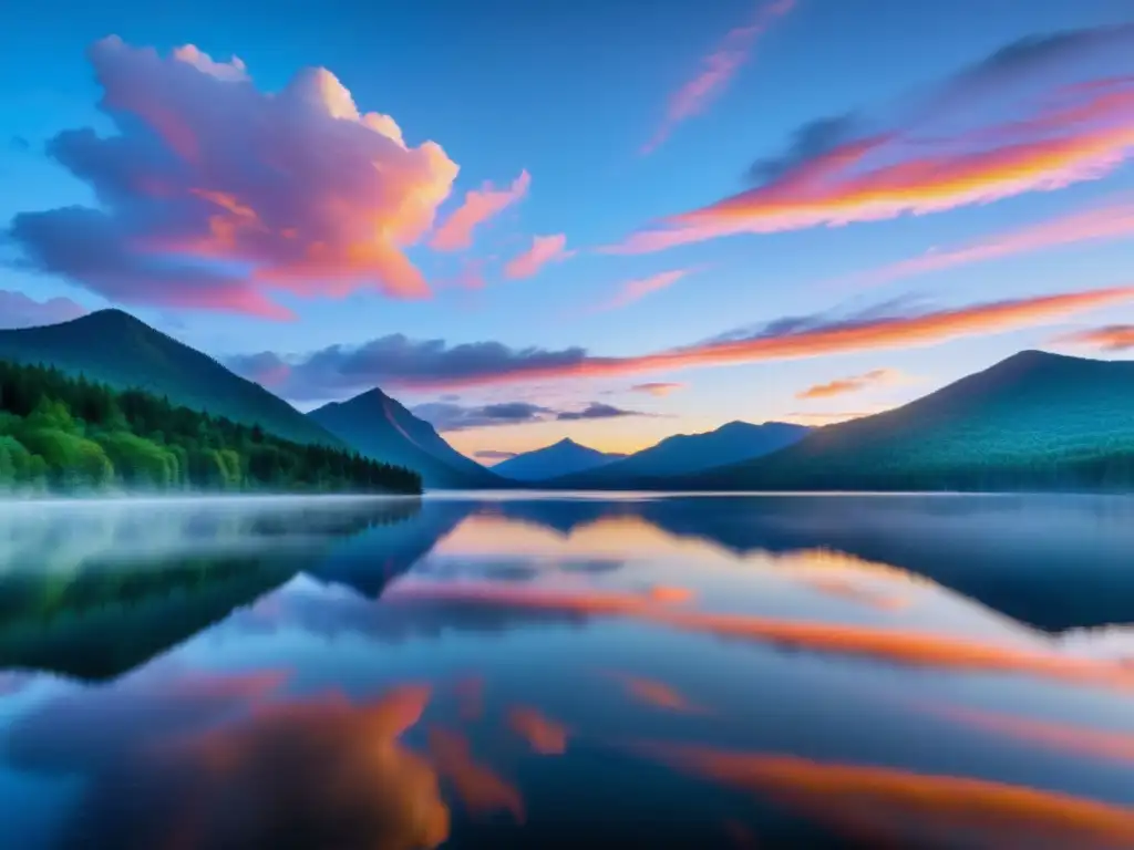 Técnicas para capturar la belleza: un lago sereno reflejando un cielo pastel al amanecer, rodeado de exuberante vegetación y montañas distantes