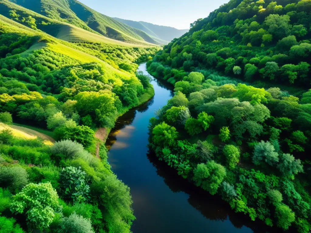 Técnicas de bioconstrucción previenen erosión en un paisaje de colinas verdes, con plantas nativas y arroyo