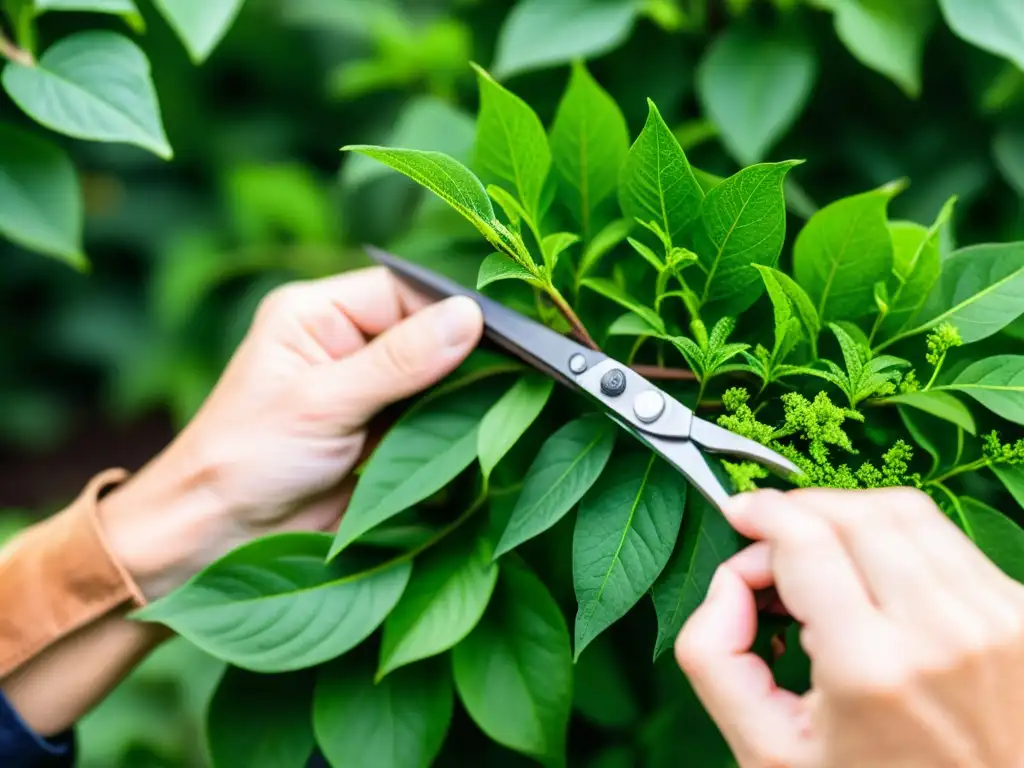 Técnicas de poda respetuosas medio ambiente: manos cuidadosas podan una planta, mostrando precisión y armonía en la jardinería