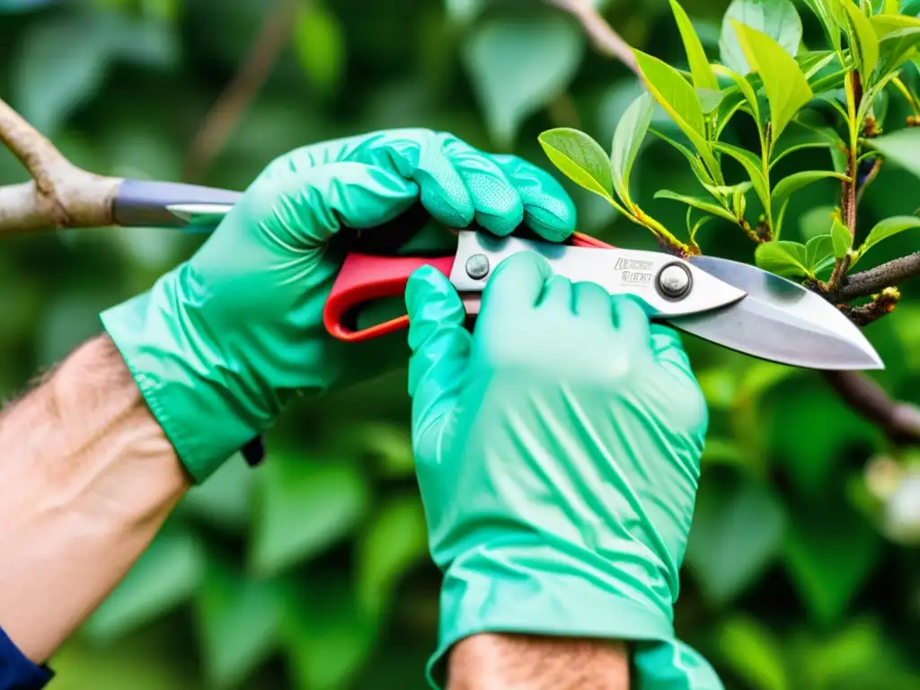 Técnicas de poda respetuosas con el medio ambiente: manos cuidadosamente podando una rama en un exuberante jardín