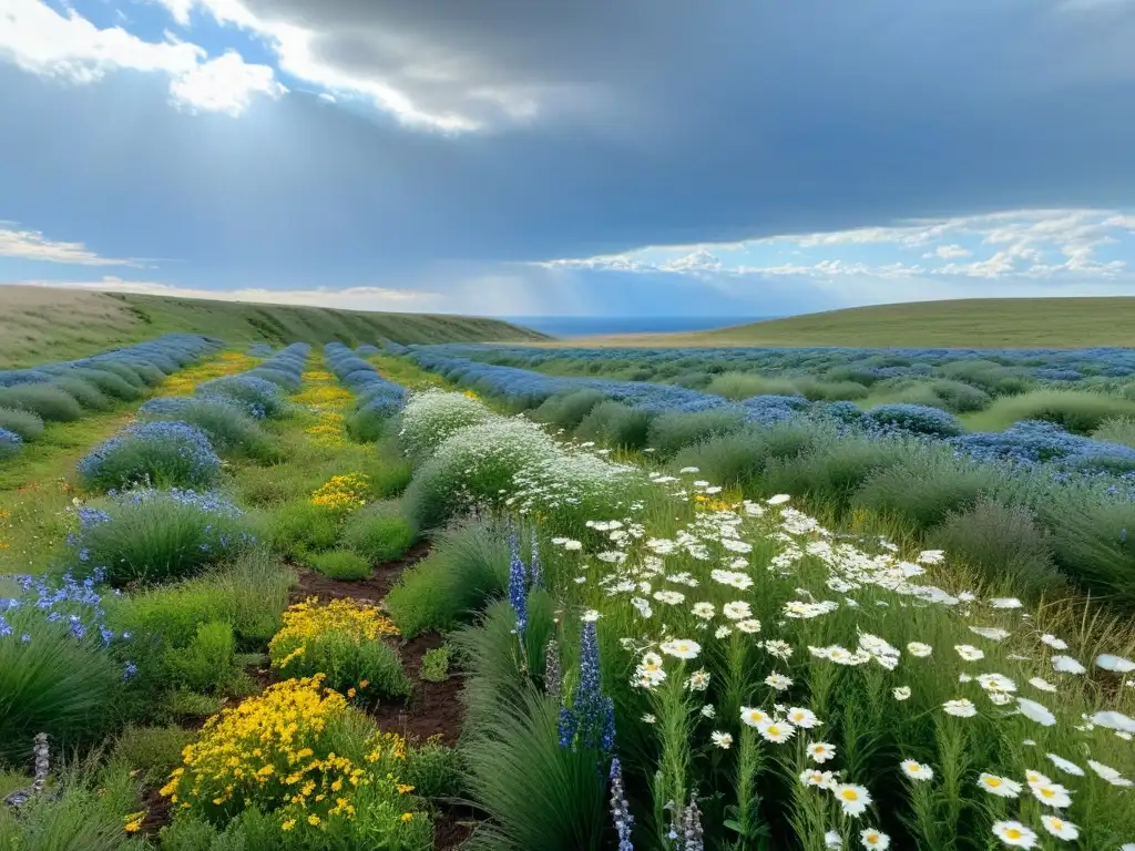 Técnicas de restauración ecológica en praderas degradadas con equipo plantando nativas y controlando la erosión bajo un cielo azul brillante