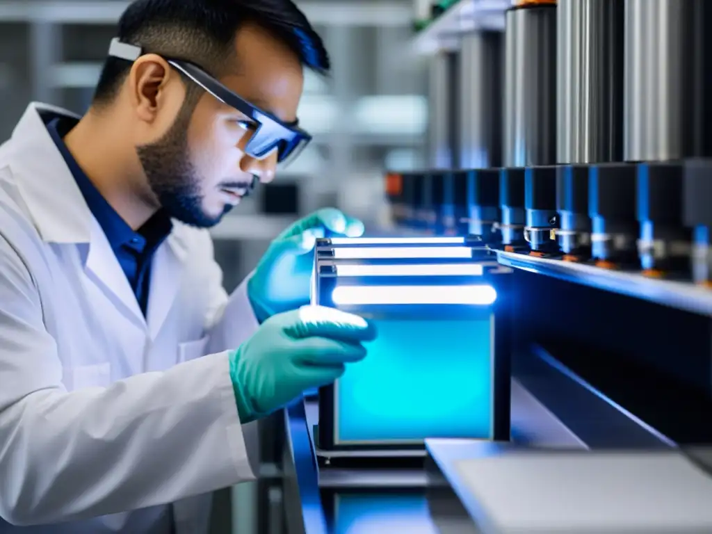 Un técnico examina detalladamente una celda de batería de litio en un laboratorio bien iluminado, transmitiendo expertise y control de calidad en la fabricación