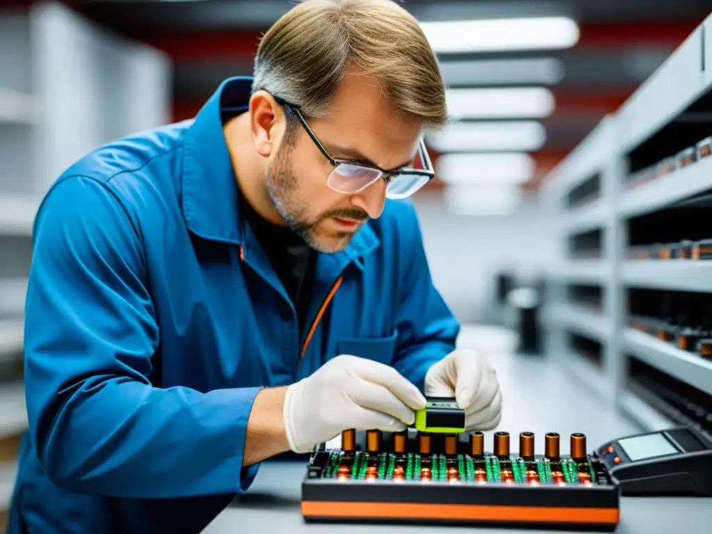 Un técnico inspecciona con cuidado y precisión un paquete de baterías recargables, rodeado de herramientas y equipos de prueba