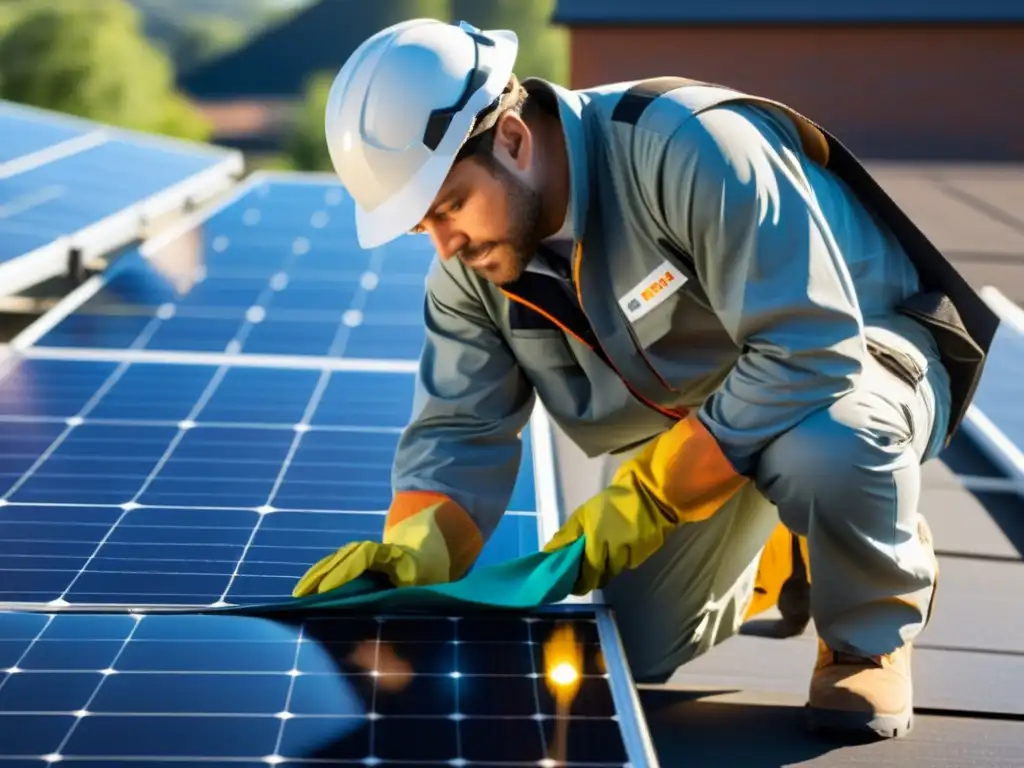 Un técnico con equipo de protección limpia y revisa paneles solares en un techo