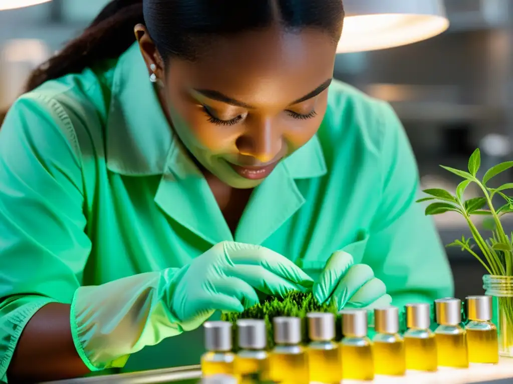 Un técnico de laboratorio extrae cuidadosamente ingredientes vegetales para marcas éticas de cosméticos sin crueldad, destacando la precisión y cuidado en la creación de productos de belleza éticos