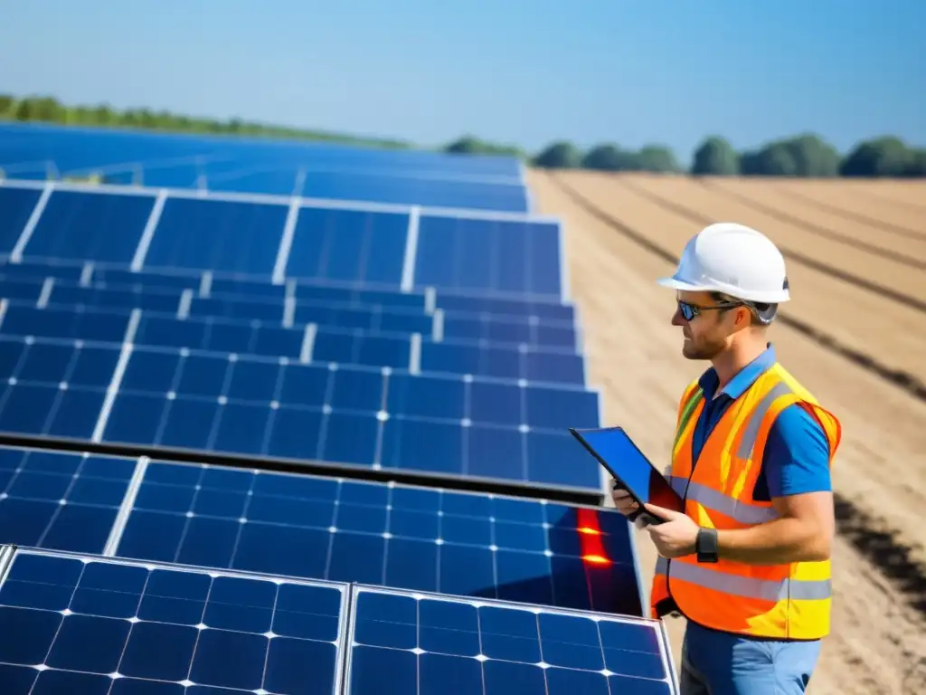 Un técnico inspecciona paneles solares en un campo vasto