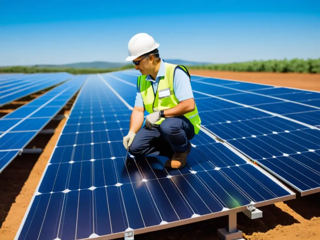 Un técnico inspecciona meticulosamente paneles solares para certificaciones verdes en una granja solar, reflejando profesionalismo y experiencia