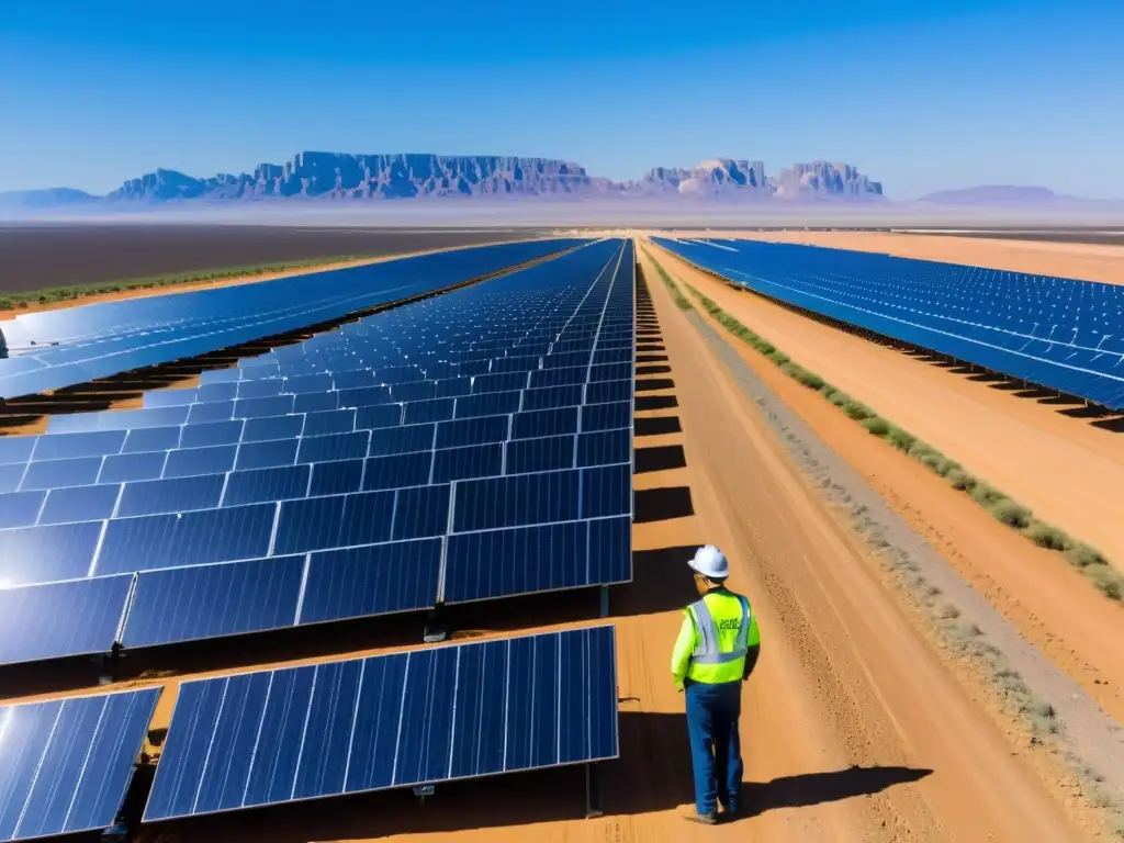 Un técnico ajusta paneles solares en un extenso campo, con vehículos eléctricos y molinos de viento al fondo