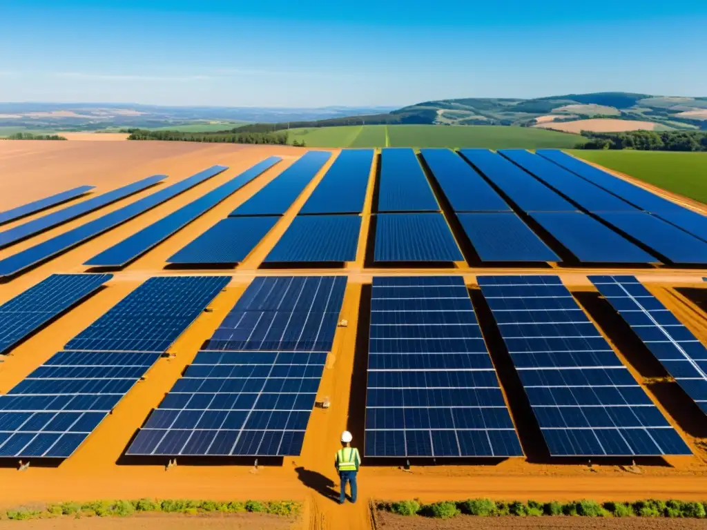 Un técnico inspecciona paneles solares en una granja solar, revelando el impacto humano en la energía limpia