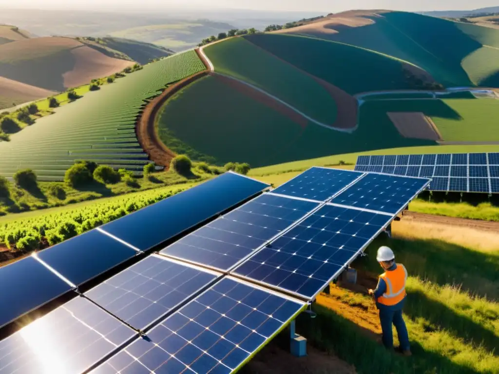 Un técnico inspecciona paneles solares en una granja solar, mientras ingenieros discuten planes de expansión