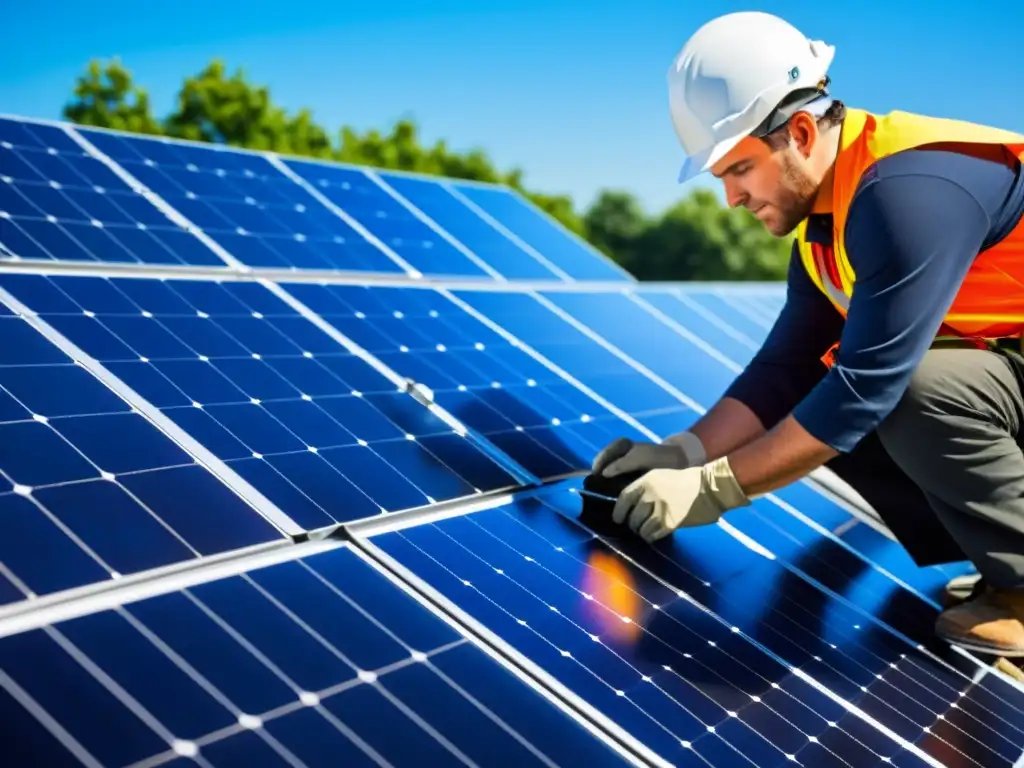 Un técnico instala paneles solares en un techo con destreza, destacando la conexión de cables y la precisión