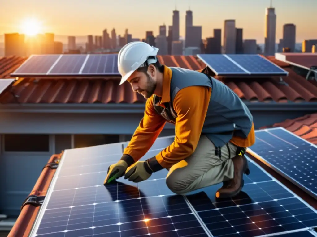 Un técnico instala paneles solares en un tejado urbano, con una cálida luz solar