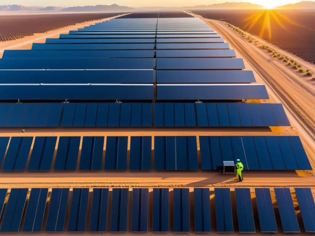 Un técnico inspecciona paneles solares en un vasto desierto