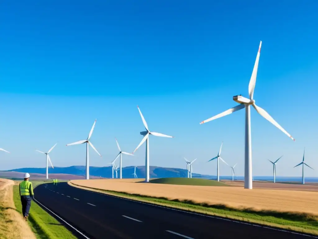 Un técnico inspecciona un parque eólico en un paisaje expansivo, ilustrando los desafíos en inversiones de energía renovable