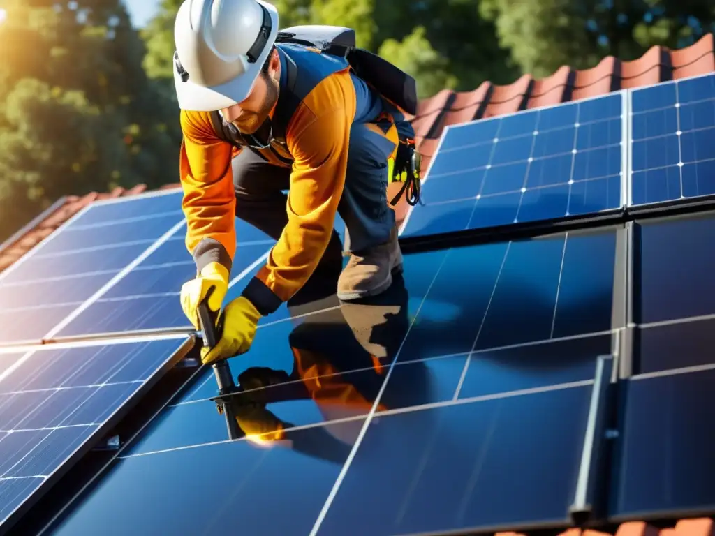 Un técnico profesional instala un panel solar en una casa suburbana, resaltando los beneficios de la energía solar doméstica