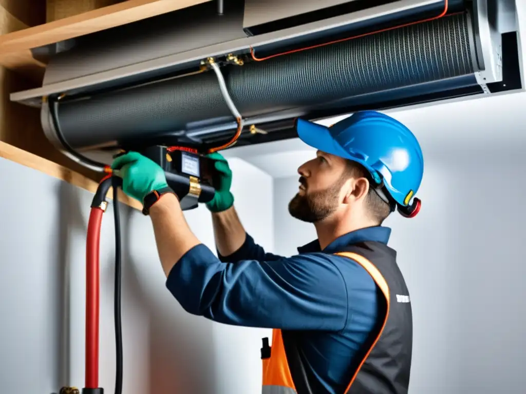 Un técnico instala un sistema de aprovechamiento de calor residual doméstico con precisión y profesionalismo, rodeado de herramientas