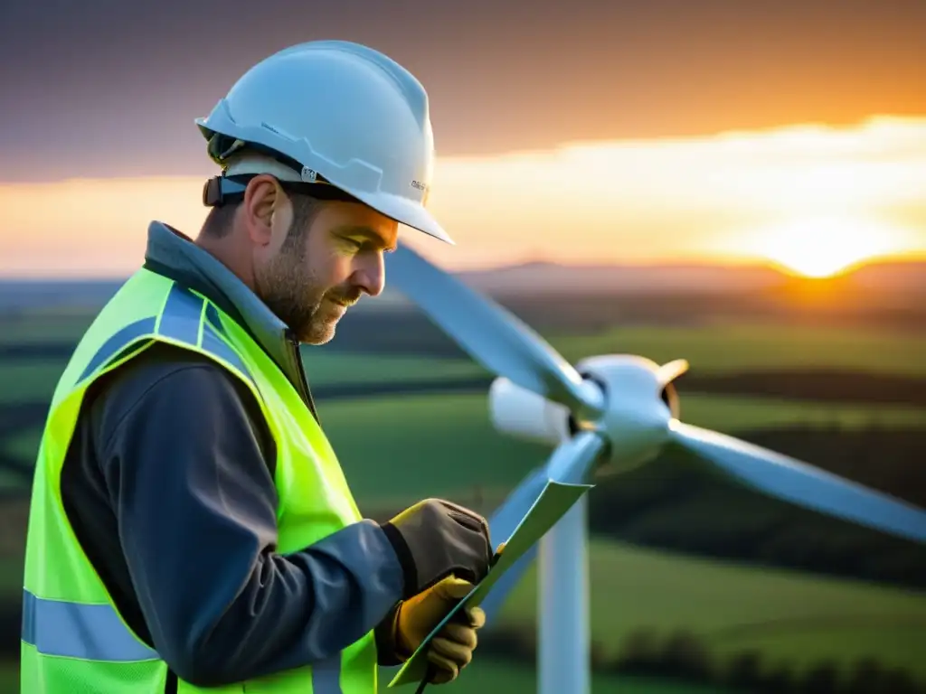 Un técnico inspecciona detalladamente las turbinas eólicas para casa, mostrando dedicación y precisión en la energía sostenible