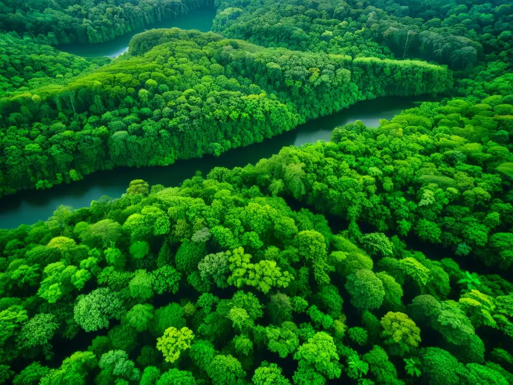 Tecnología para la conservación de ecosistemas: imagen aérea de exuberante bosque lluvioso, con luz solar filtrándose entre el denso dosel, resaltando la biodiversidad y la complejidad del ecosistema