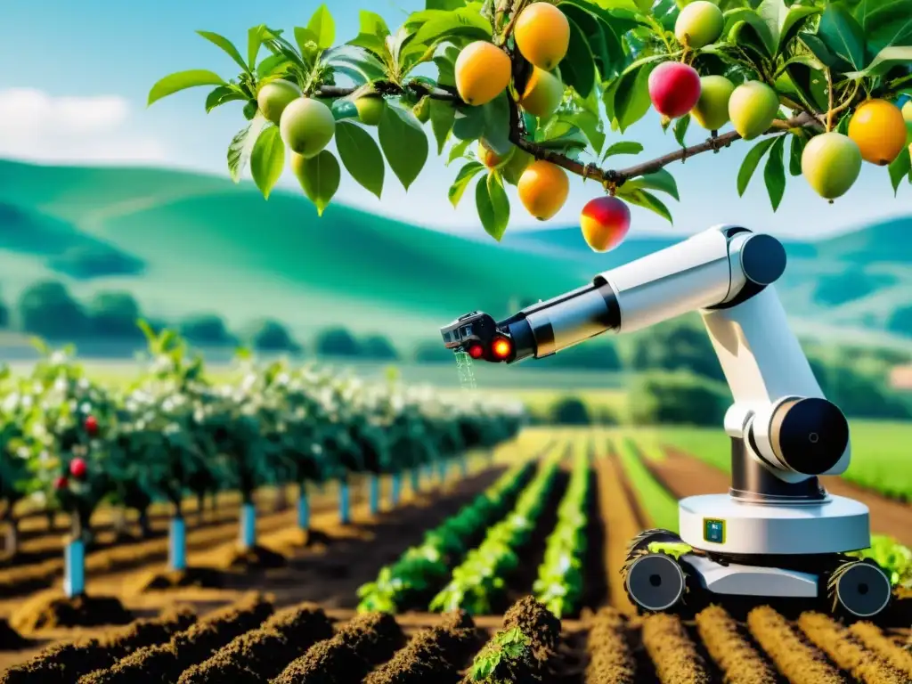 Un robot agrícola de alta tecnología cosecha frutas en un campo exuberante