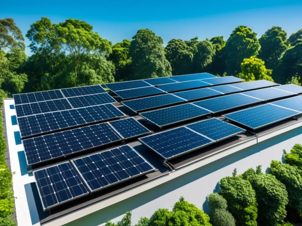 Un tejado residencial cubierto de paneles solares oscuros, con árboles verdes y cielo azul de fondo