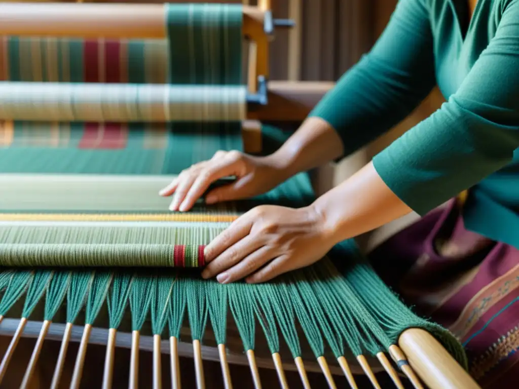 Tejido de sacos de dormir ecoconscientes sostenibles en telar tradicional, resaltando su artesanía y colores naturales