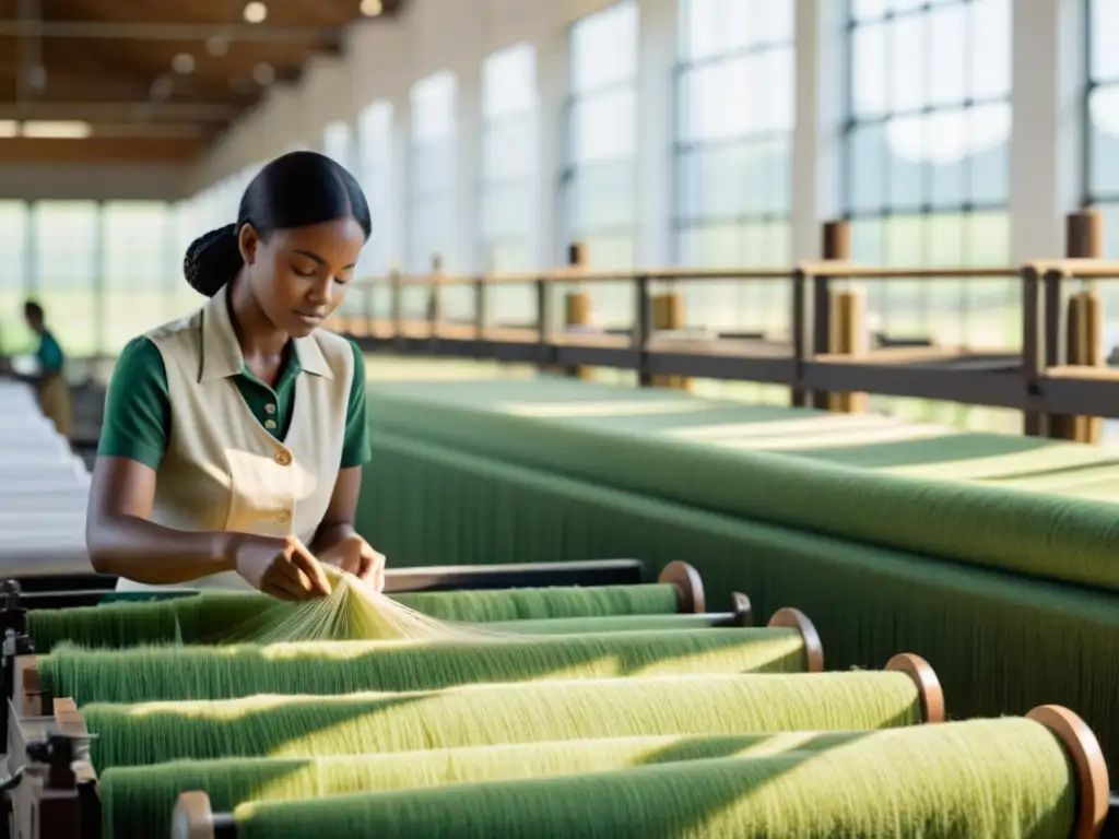 Un telar ecológico en una fábrica textil, donde los trabajadores inspeccionan y tejen telas ecoamigables bajo la luz del sol