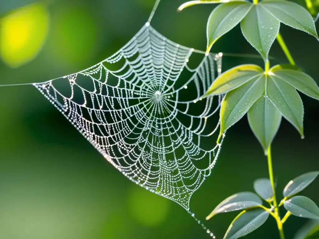 Una telaraña delicada con rocío entre hojas verdes y flores silvestres