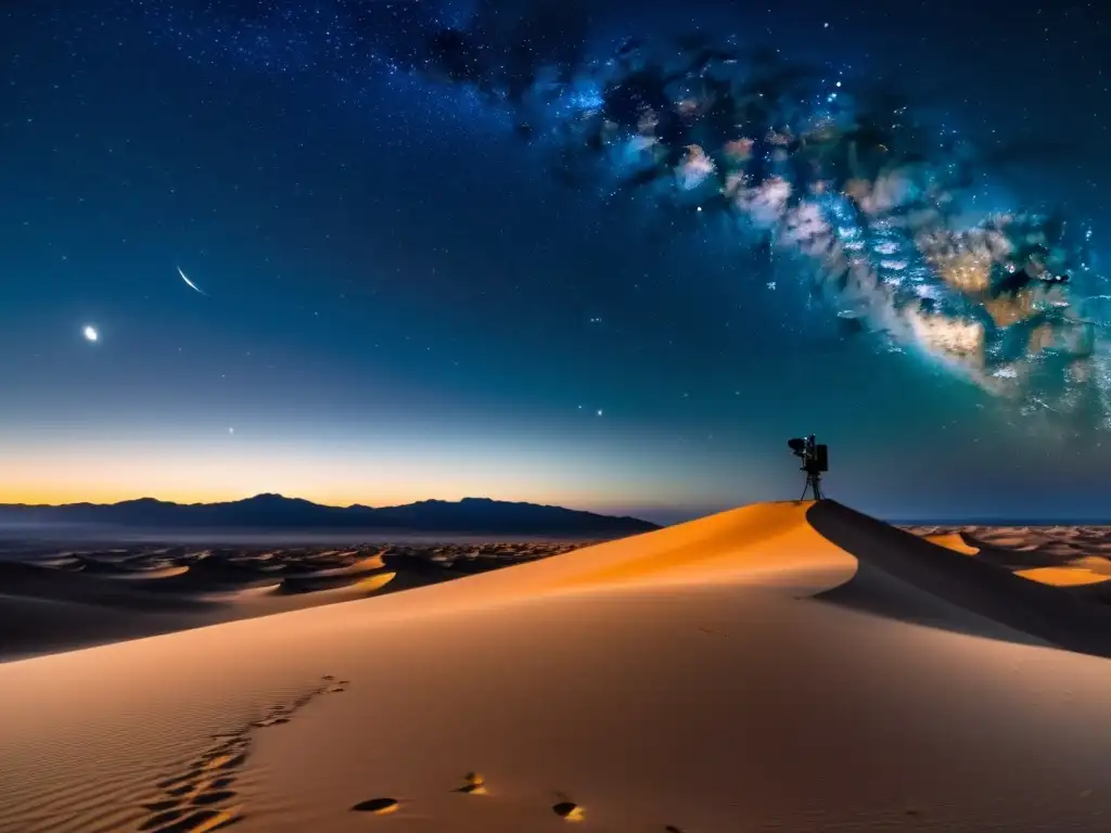 Telescopio observando estrellas en un desierto vasto y estrellado, evocando asombro y serenidad cósmica