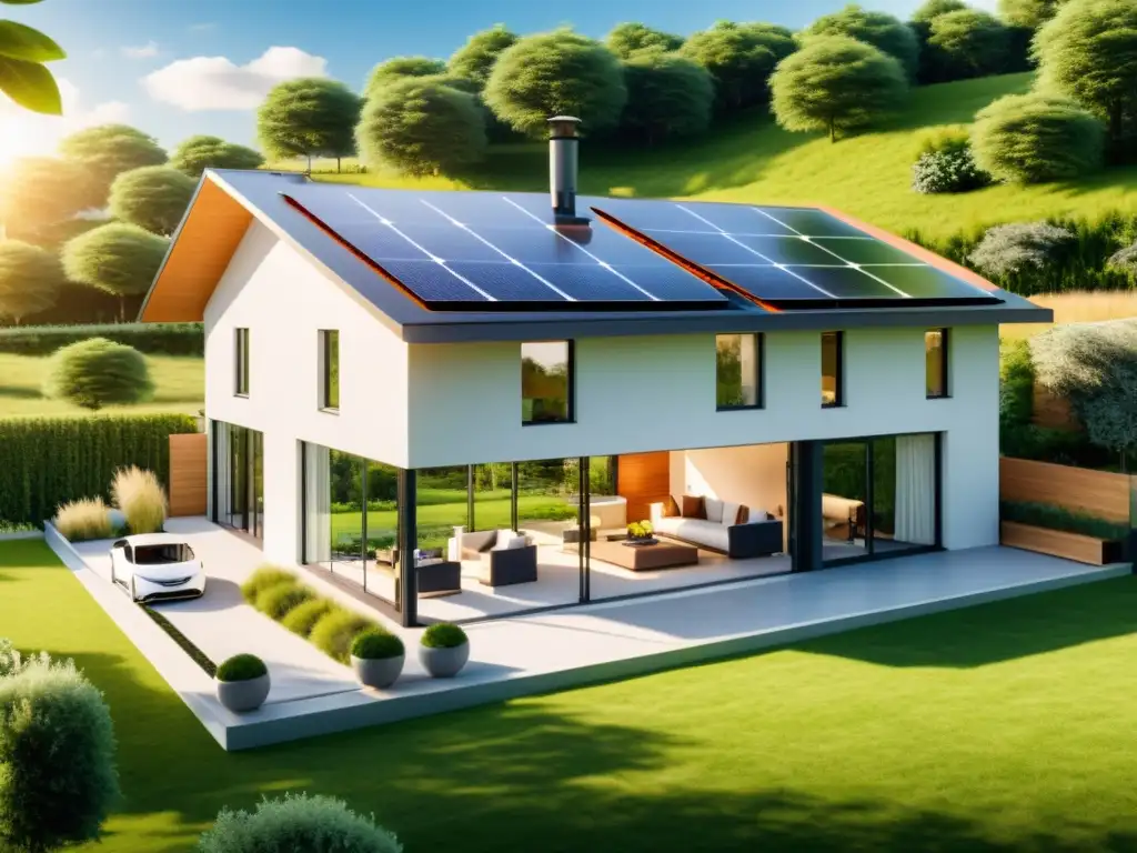 Tendencias energía renovable viviendas: Casa moderna, sostenible, con paneles solares, ventanas grandes, jardín verde, turbinas eólicas a lo lejos