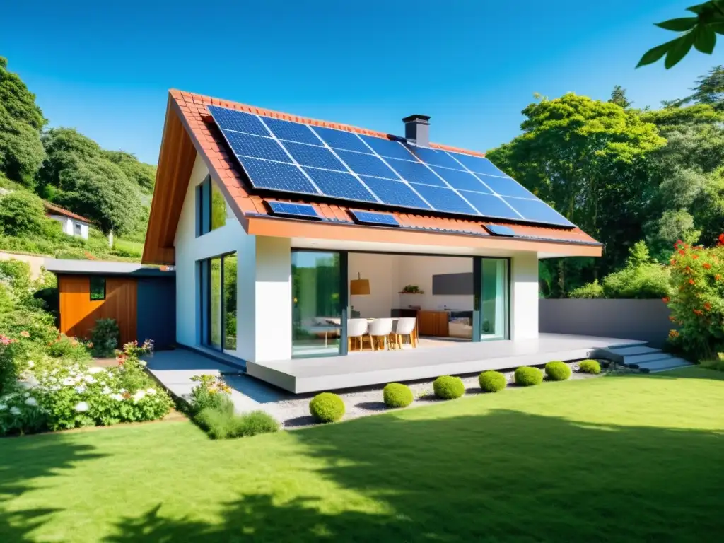 Tendencias energía renovable viviendas: Casa ecológica con paneles solares, jardín colorido y diseño sostenible, bajo cielo azul