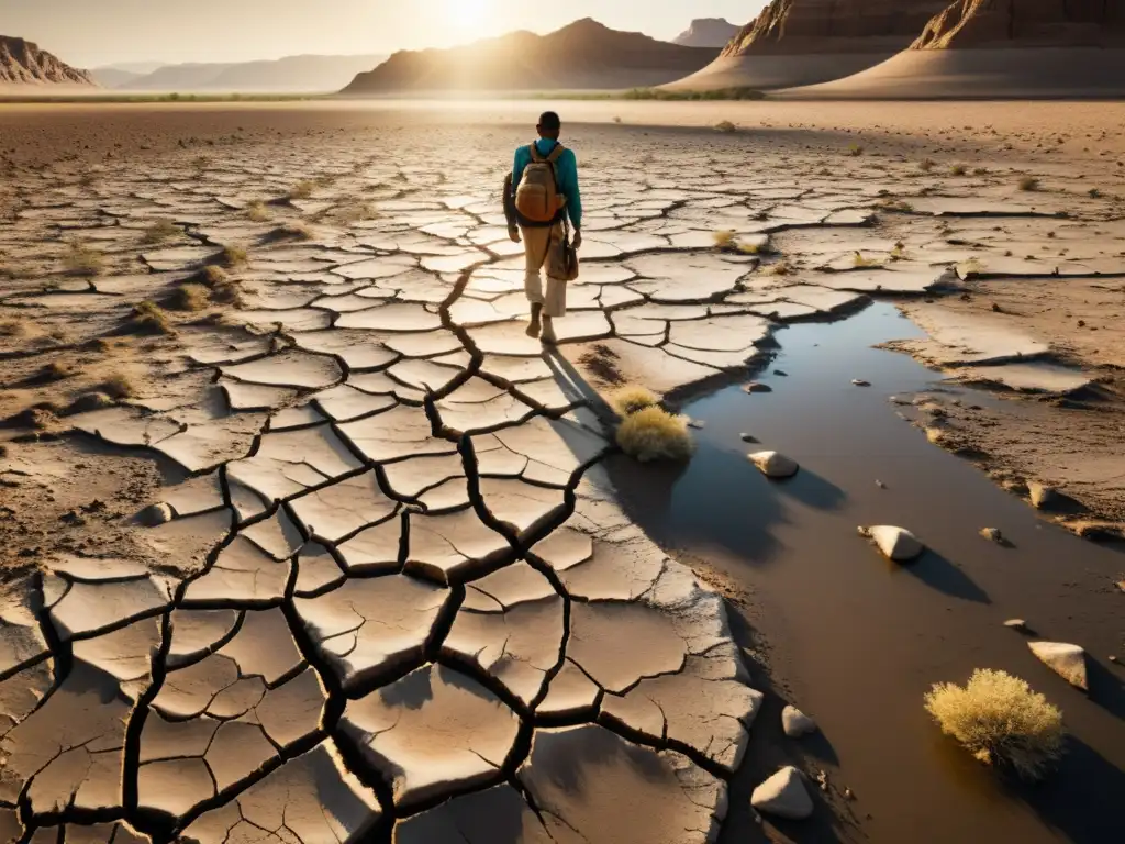 Tensiones internacionales por el agua: Imagen de un lecho de río agrietado y seco bajo un sol abrasador, reflejando la escasez de agua