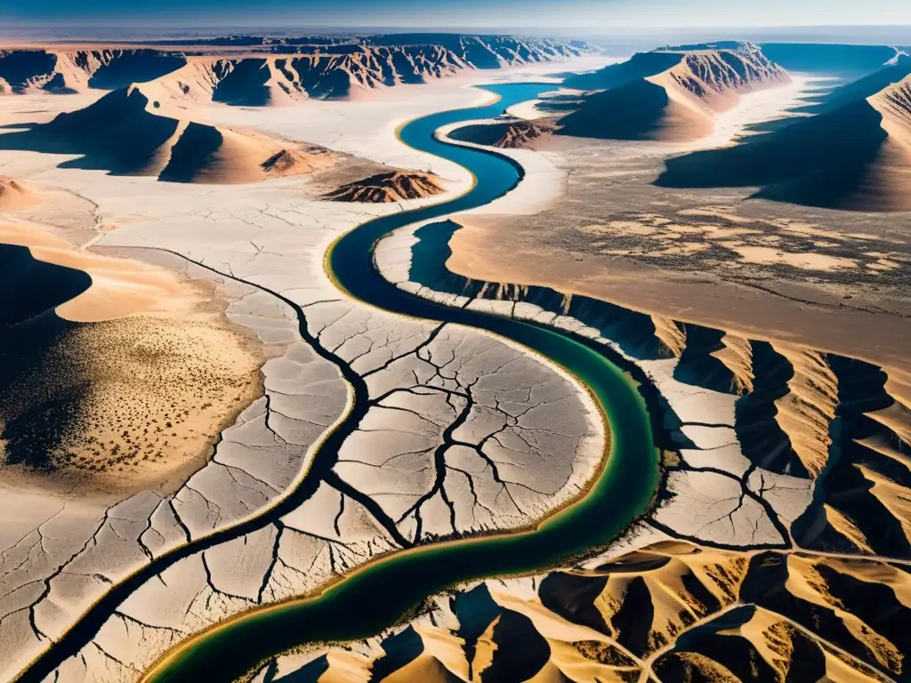 Tensiones internacionales por el agua: paisaje desértico con lecho seco de río y restos abandonados de infraestructura hídrica