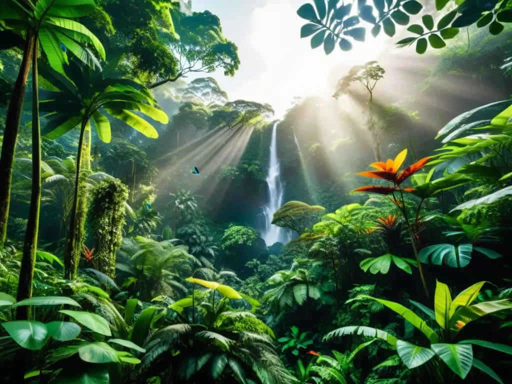 Un tesoro natural: bosque tropical exuberante, vida vegetal diversa, luz solar filtrada y biodiversidad en acción