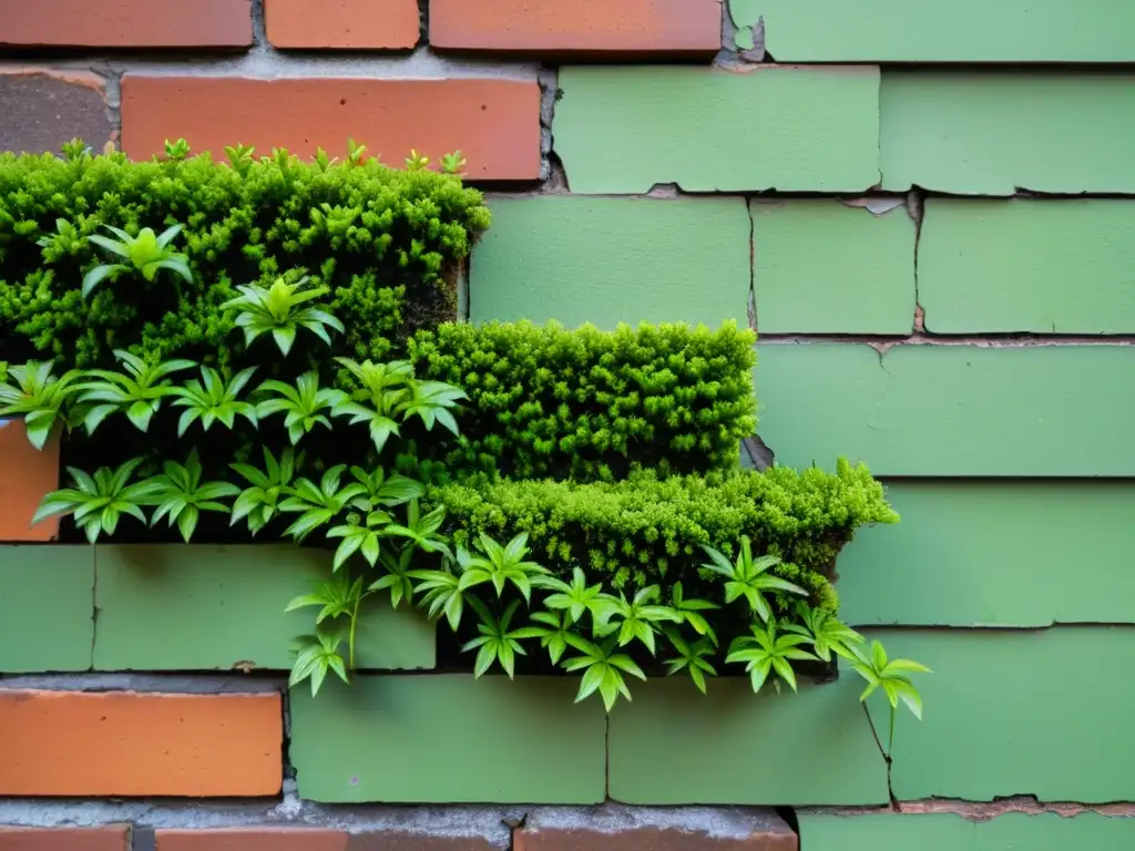 Textura detallada de un muro de ladrillos cubierto de musgo verde vibrante, con brotes de plantas emergiendo