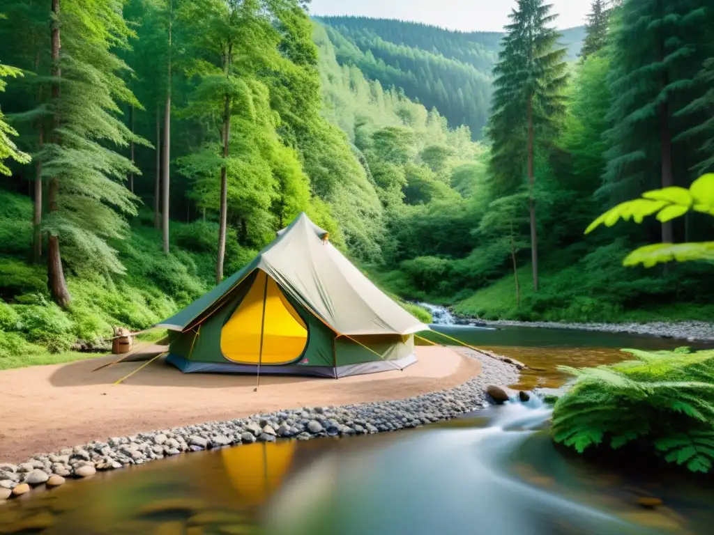 Tienda de campaña ecológica para camping en bosque verde y exuberante, junto a un arroyo sereno