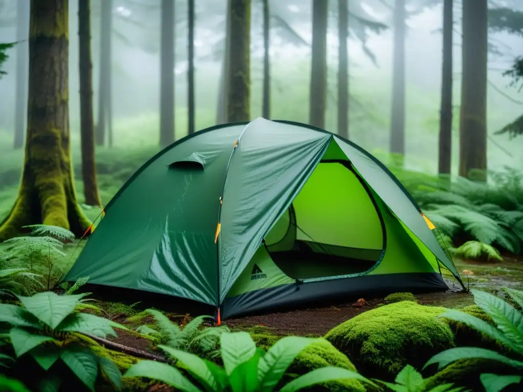 Tienda de campaña ultraligera en un bosque lluvioso, inmersa en la naturaleza exuberante y húmeda