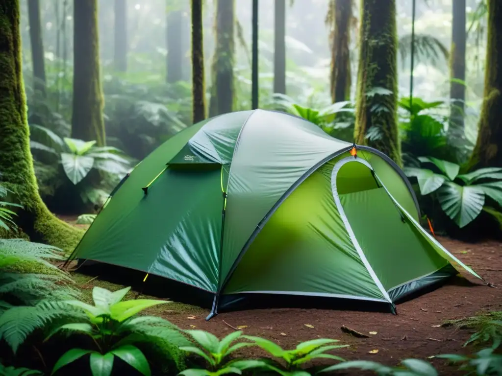 Tienda de campaña ultraligera en un exuberante bosque lluvioso, con equipo compacto y ligero en su interior, iluminado por el sol entre las hojas