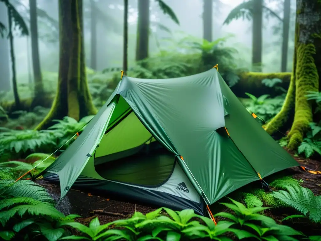 Una tienda de campaña ultraligera en un frondoso bosque lluvioso, con gotas de lluvia en el tejido