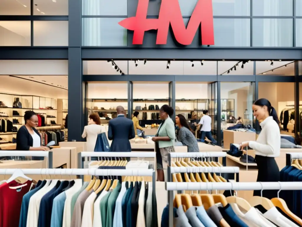 Una tienda concurrida de H&M muestra líneas de ropa elegante y sostenible