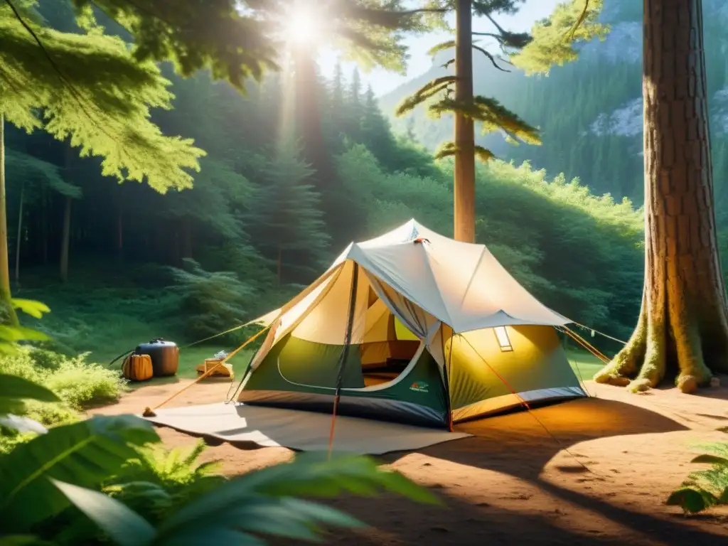 Tiendas de campaña ecológicas para camping en un bosque sereno y exuberante, con luz filtrada y ambiente tranquilo