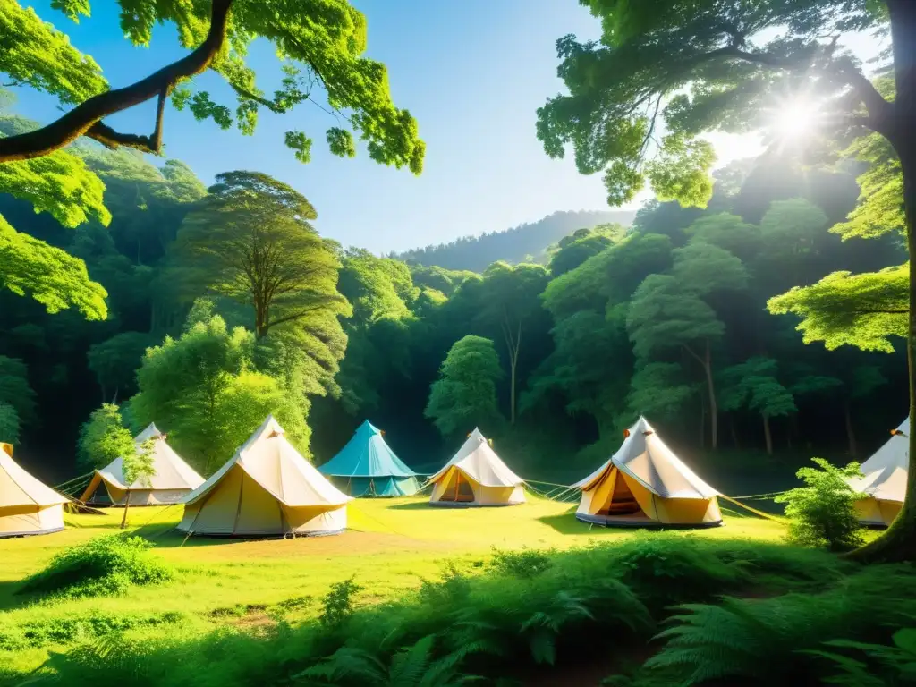 Tiendas de campaña ecológicas para camping en un bosque verde y sereno, bañado por la cálida luz matutina