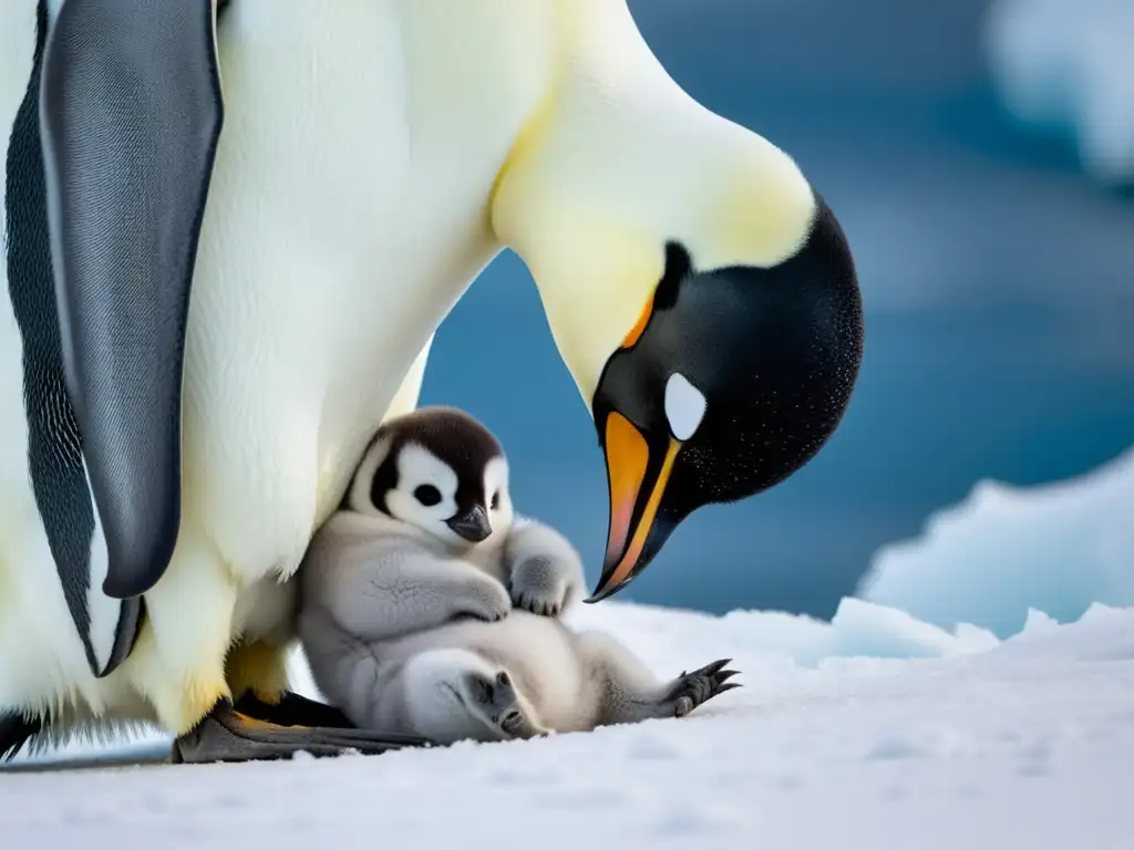 Emperador Pingüino y Cría: Tierno Vínculo en la Antártida Un tierno pingüino emperador acurruca a su cría en el helado paisaje antártico