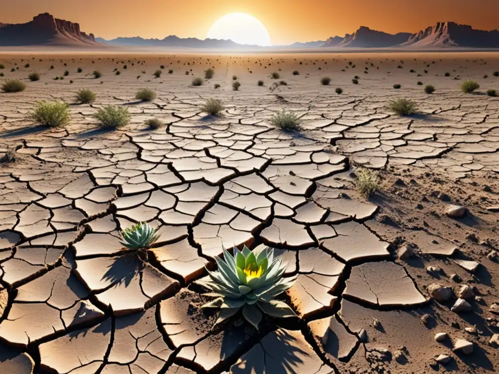 Tierra agrietada y reseca, plantas marchitas y agua escasa, bajo el abrasador sol