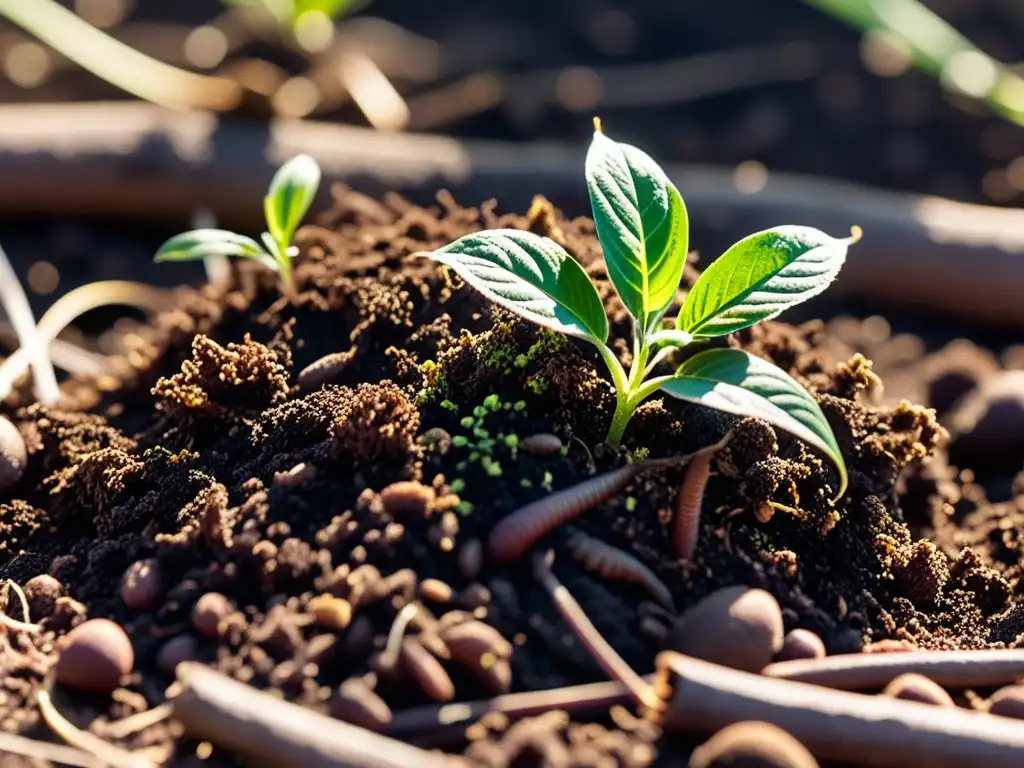 Tierra fértil cubierta de mulch orgánico, con gusanos y brotes verdes emergiendo